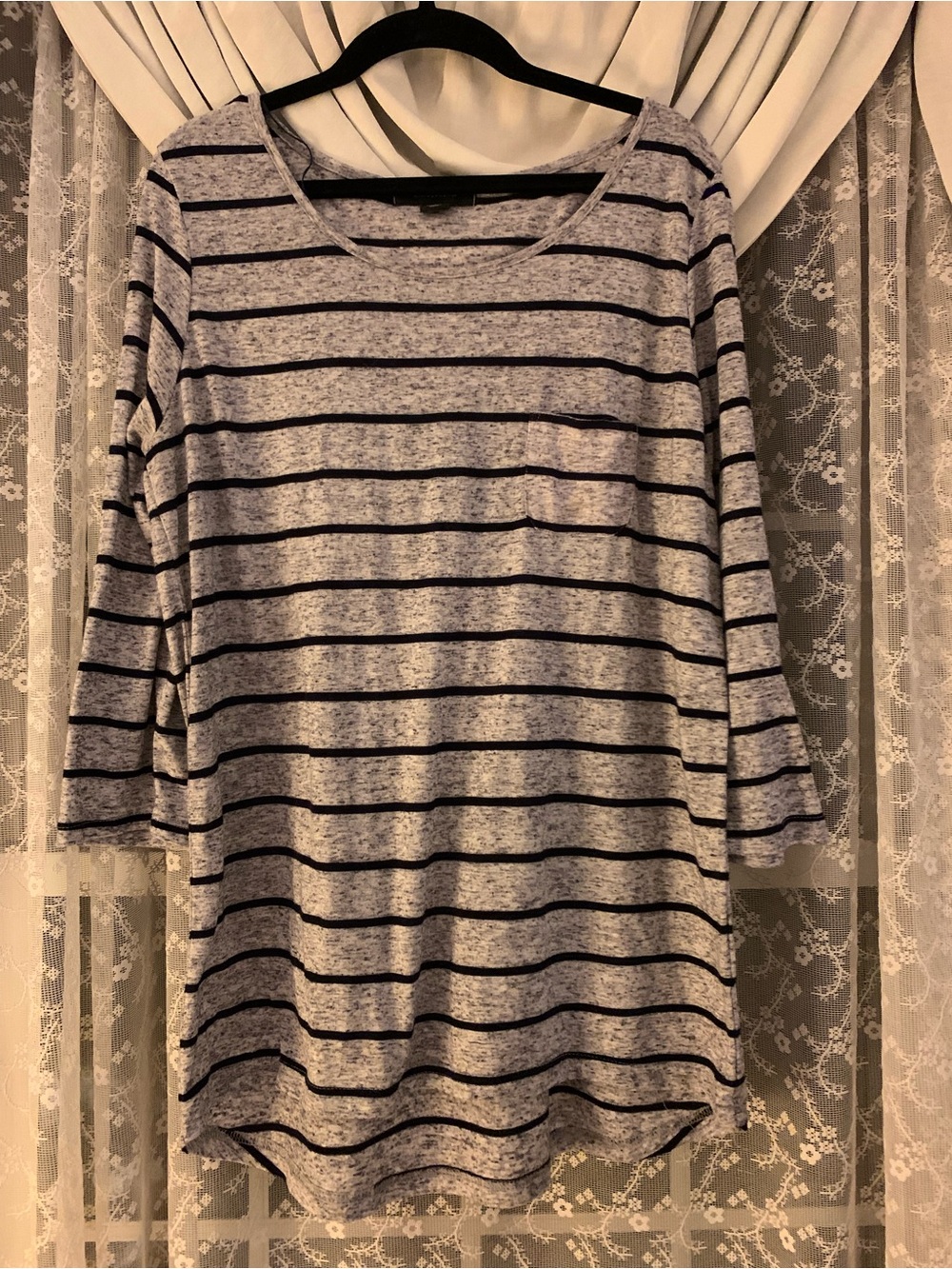 Atmosphere Gray & Navy Striped Long Sleeve Scoop Neck Top